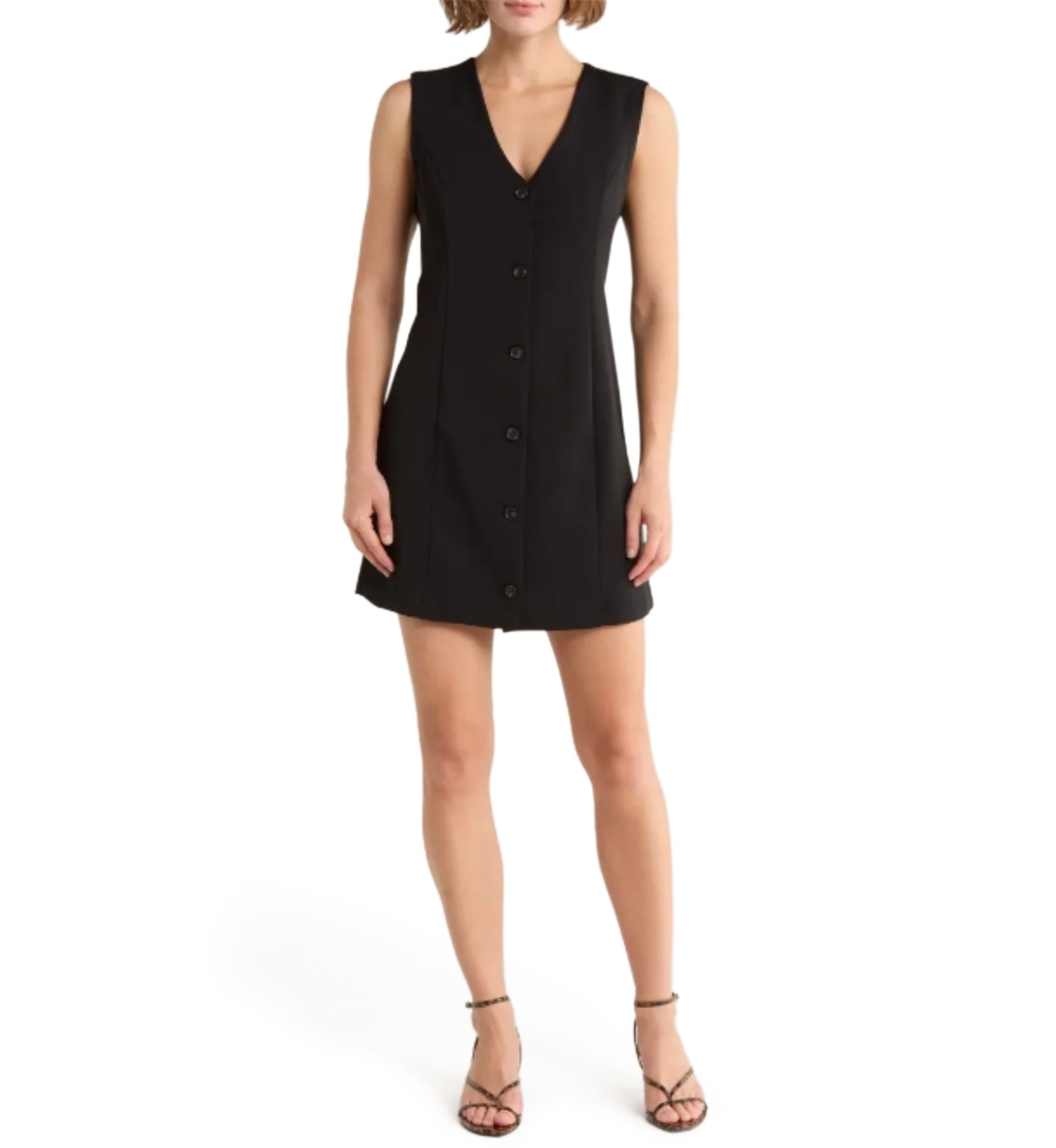 French Connection Women's V-Neck Button Down Sleeveless Dress, Black, Large