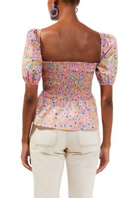 Puff Sleeve Floral Square Neck Peplum Top