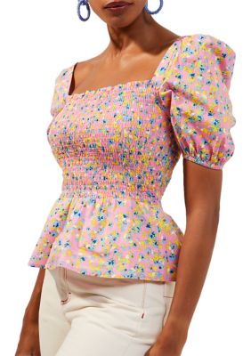 Puff Sleeve Floral Square Neck Peplum Top