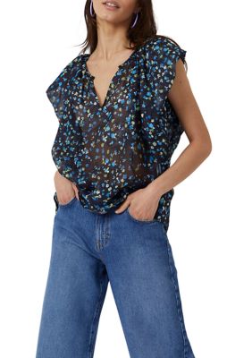 French Connection Women's Floral V-Neck Blouse, Black, XS