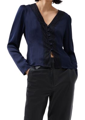 French Connection Women's Ennis Satin Long Sleeve V-Neck Blouse