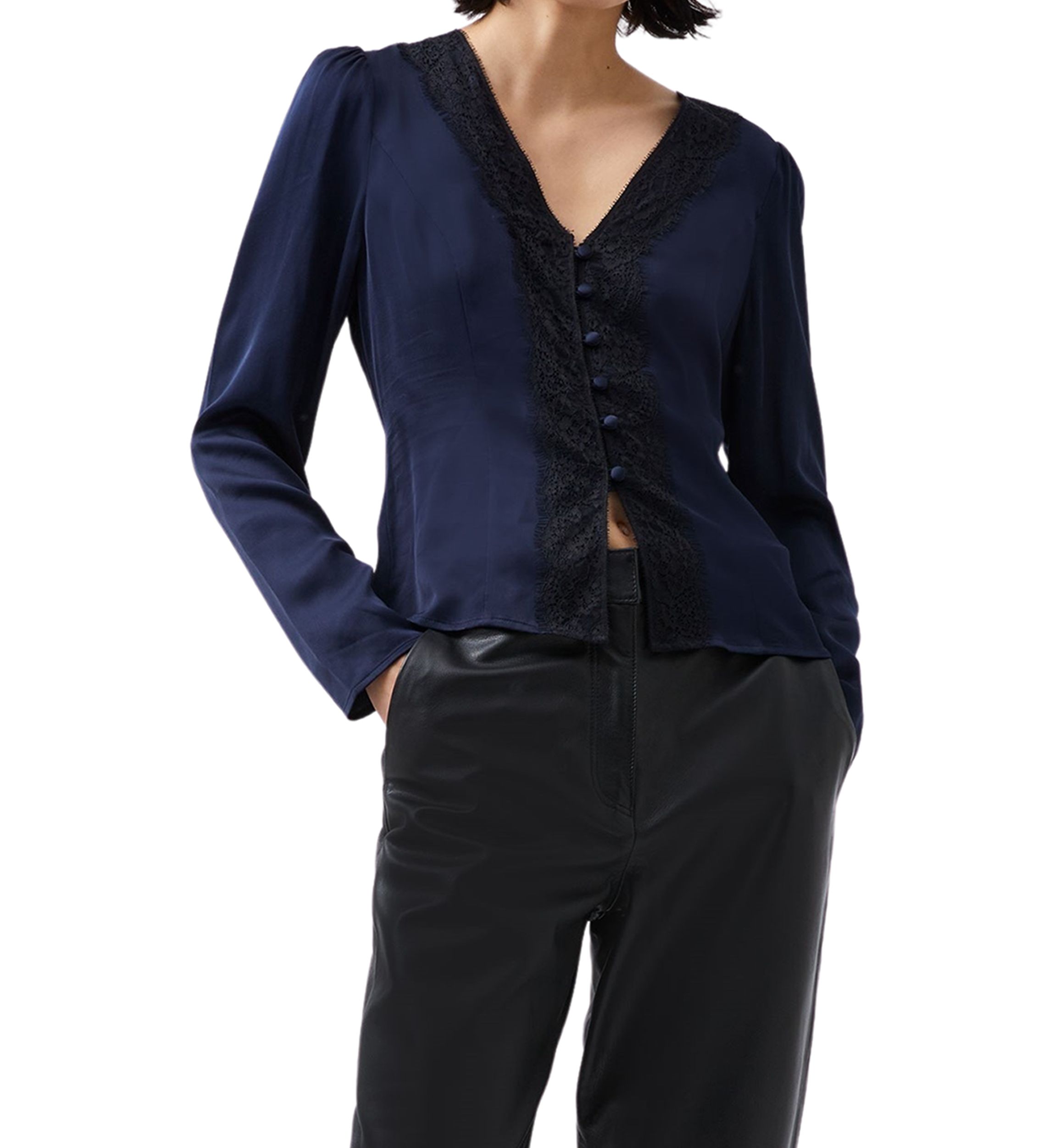 Ennis Satin Long Sleeve V-Neck Blouse