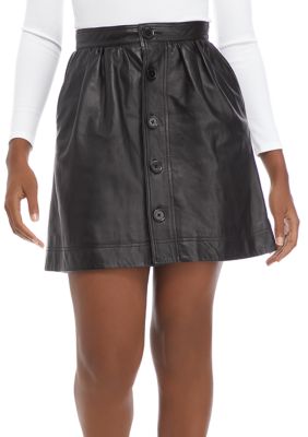 Button Front Leather Skirt