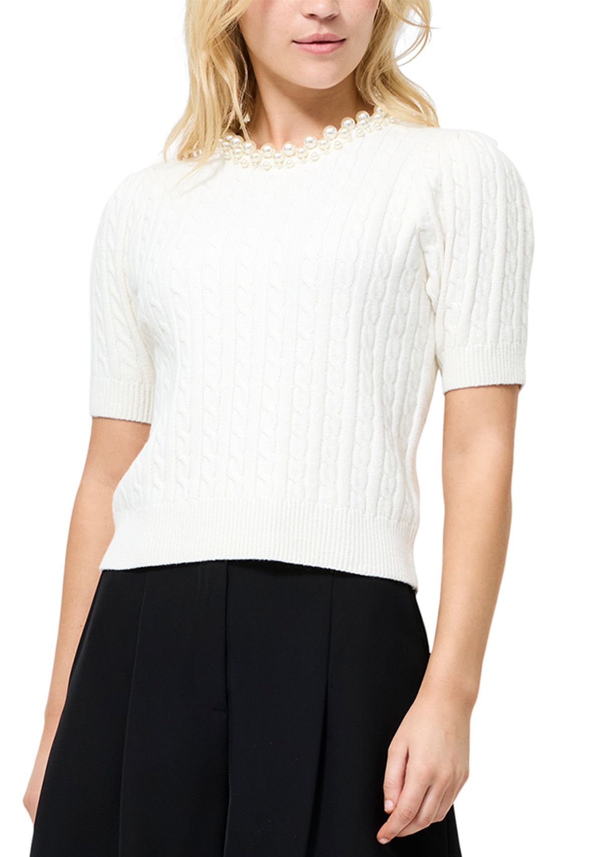 Embellished Neck Short Sleeve Sweater 