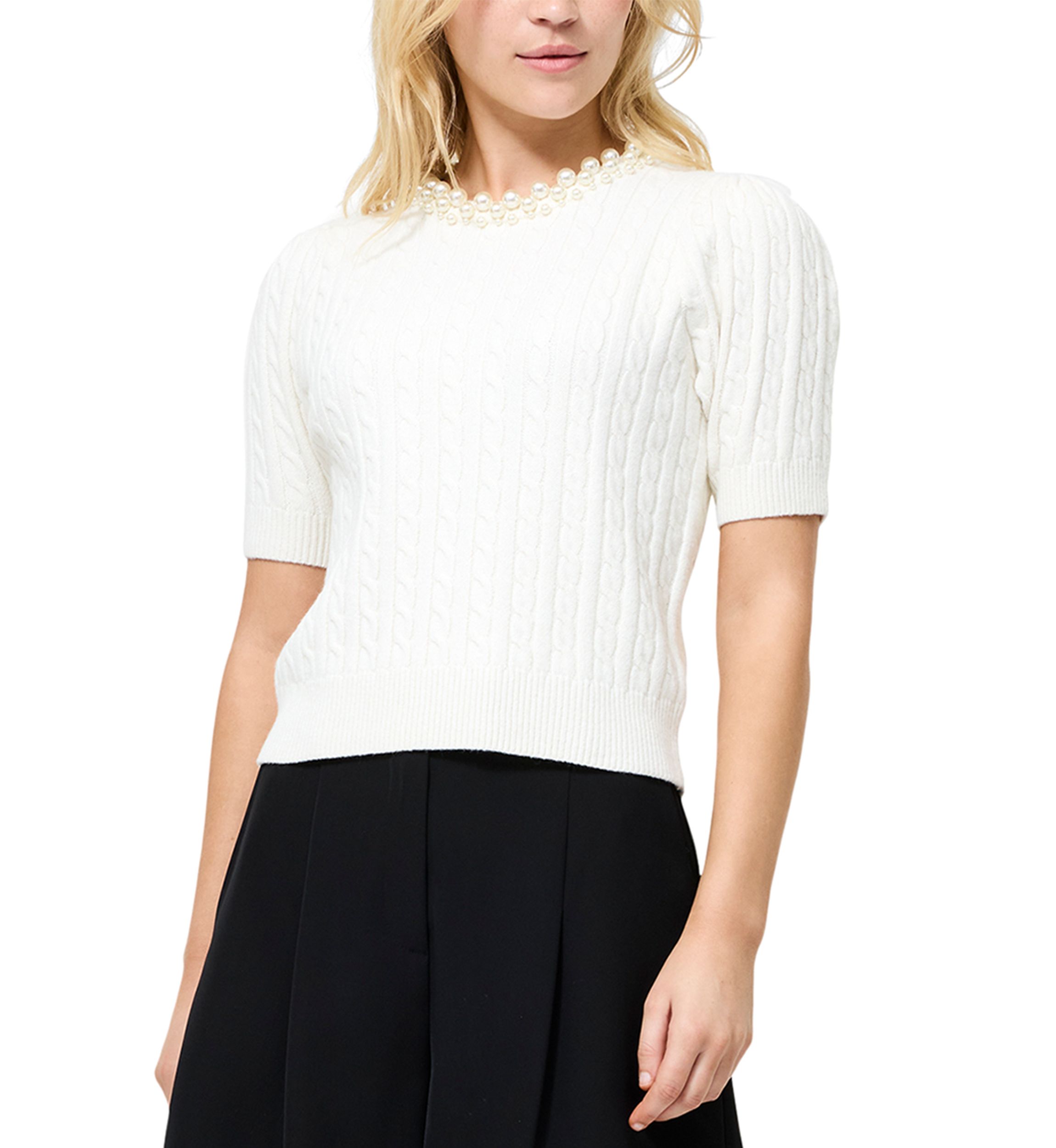 Embellished Neck Short Sleeve Sweater 