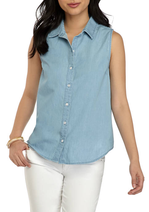 Kim Rogers® Petite Sleeveless Chambray Button Down Shirt