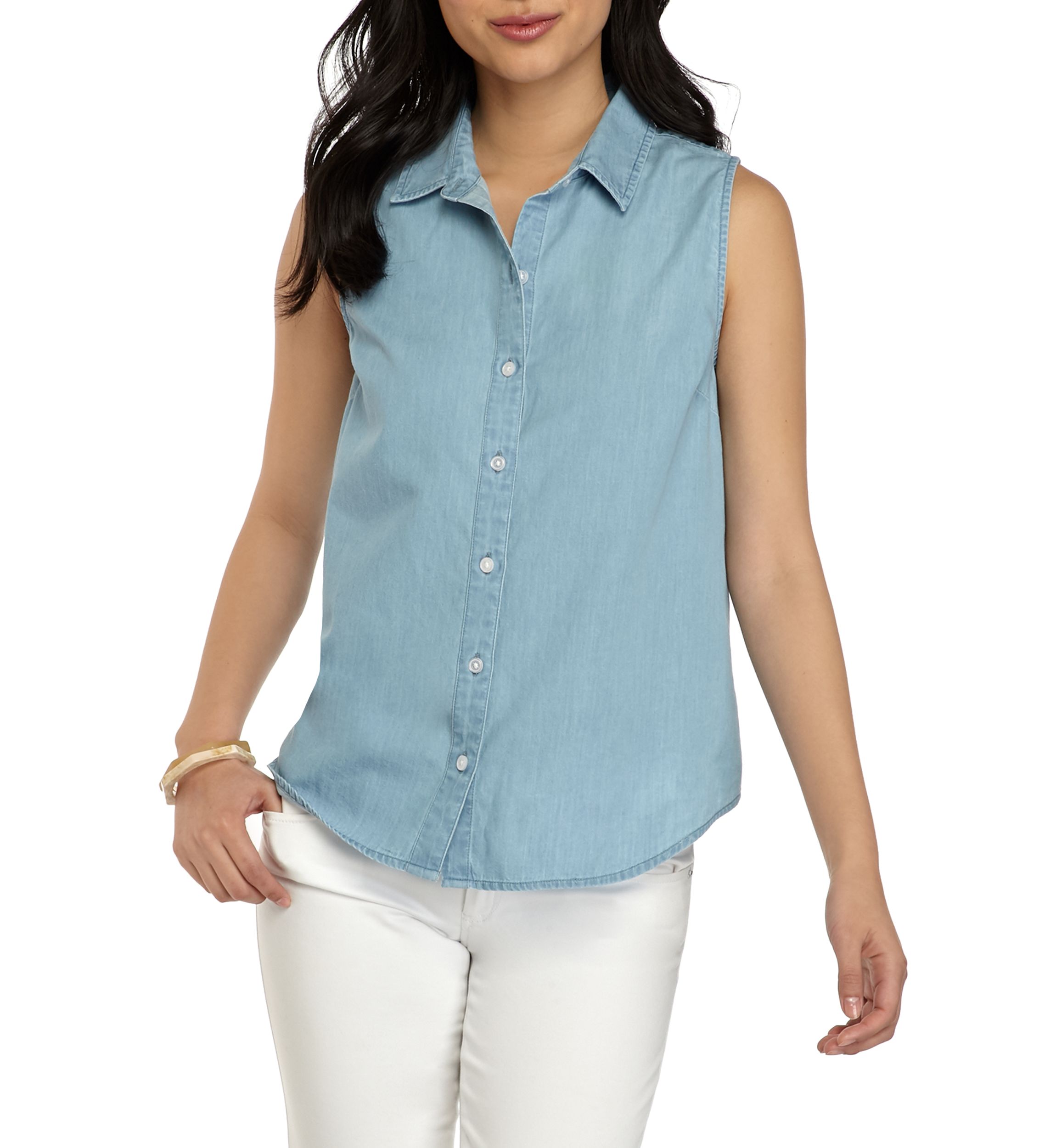 Petite Sleeveless Chambray Button Down Shirt
