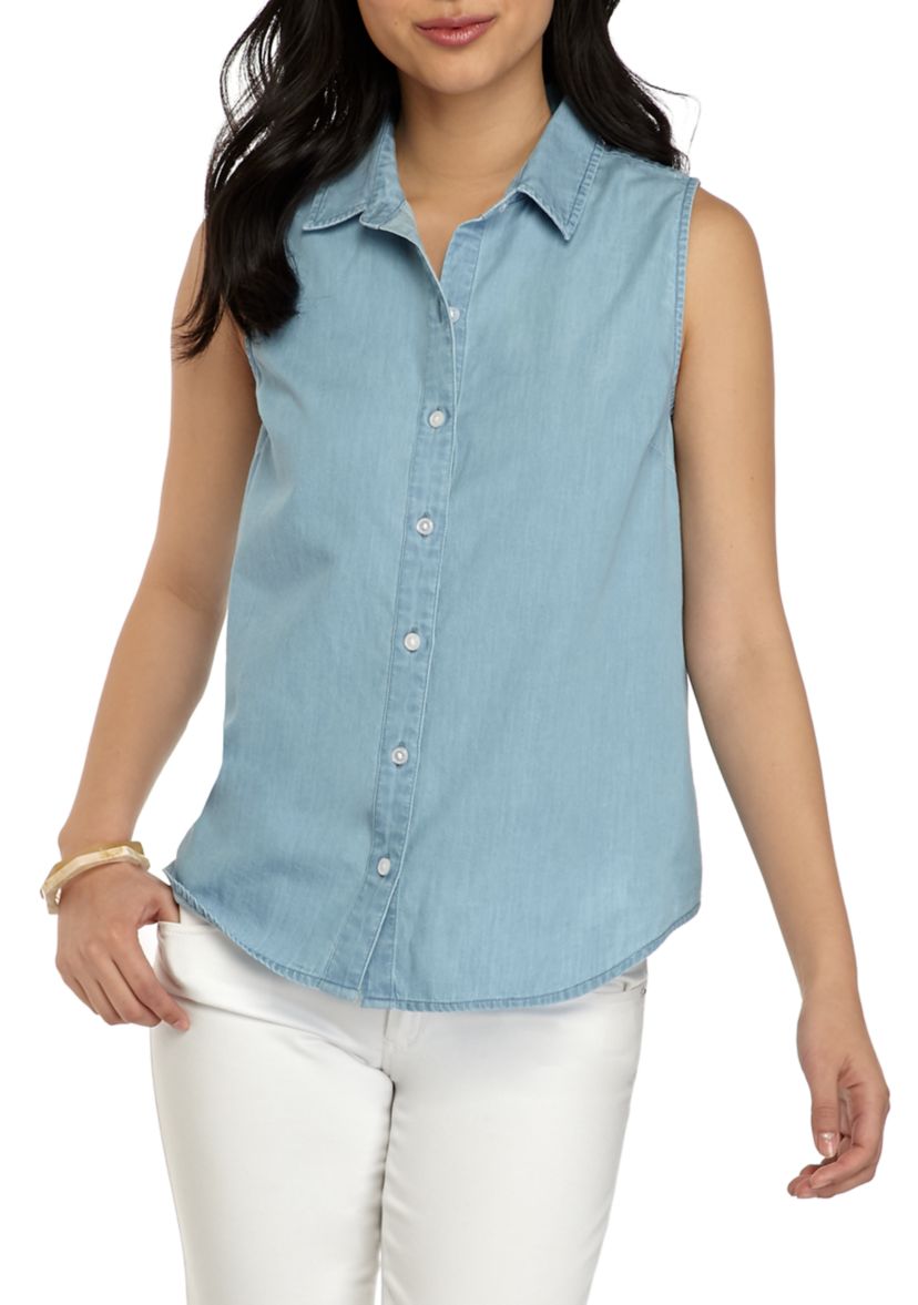 Petite Sleeveless Chambray Button Down Shirt
