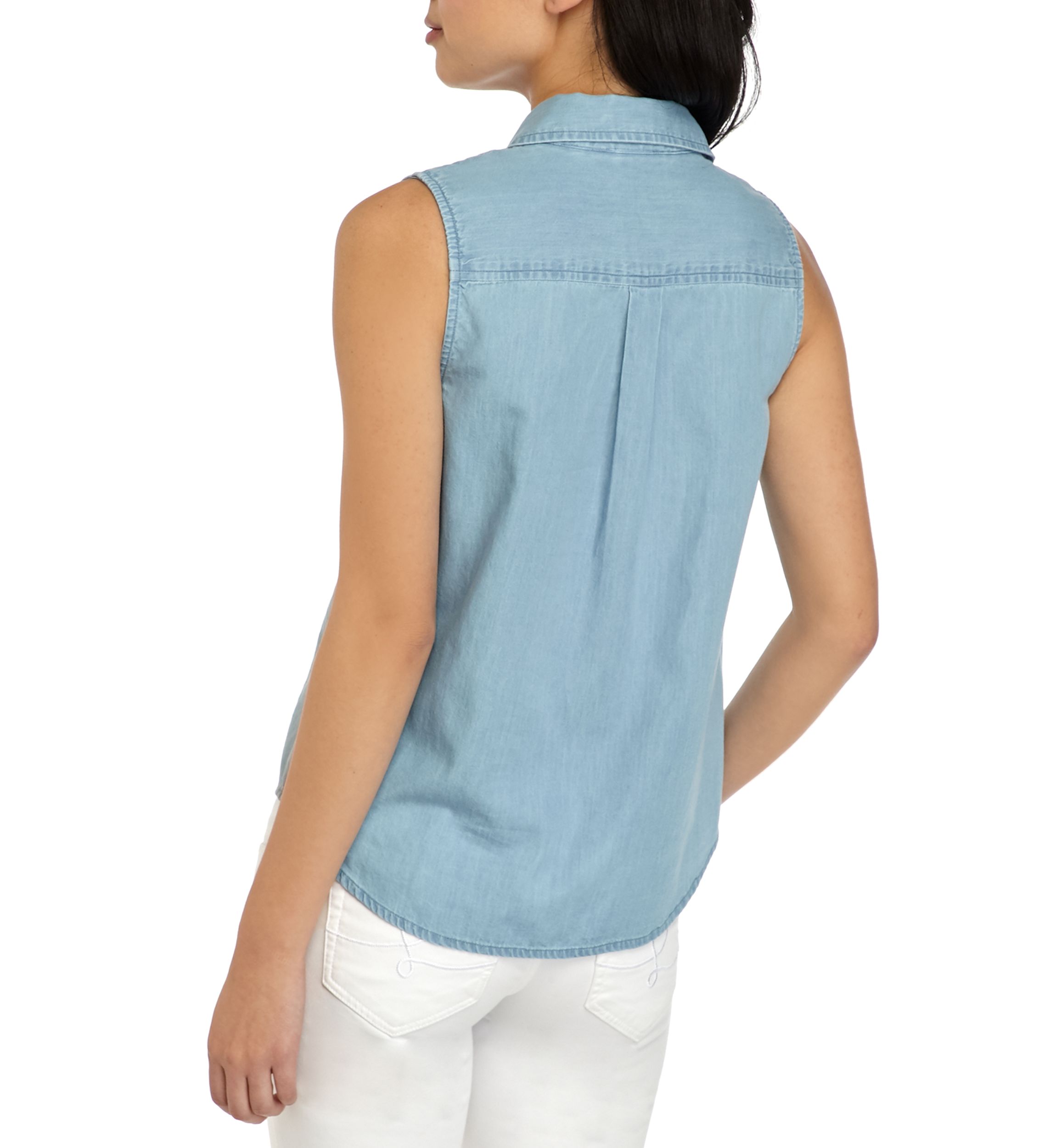 Petite Sleeveless Chambray Button Down Shirt