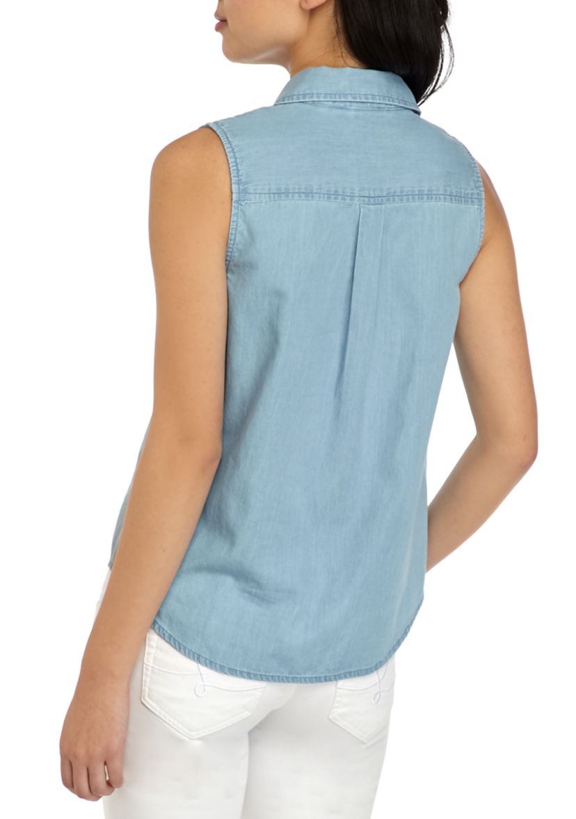 Petite Sleeveless Chambray Button Down Shirt