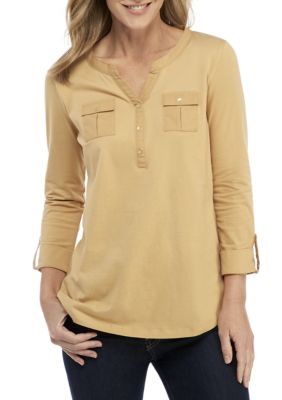 Liverpool: Short Sleeve Knit-To-Woven Top W/ Emb in Diva Pink