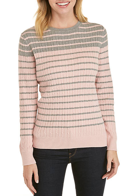 Long Sleeve Cable Knit Crew Striped Sweater 