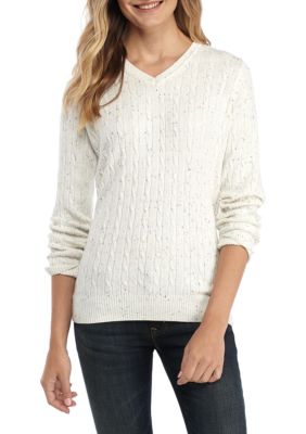 beaded long sleeve cable knit sweater