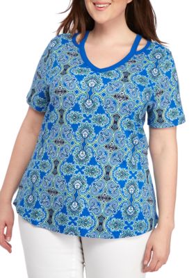 Kim Rogers® Plus-Size Short Sleeve Peekaboo Geometric Top | belk