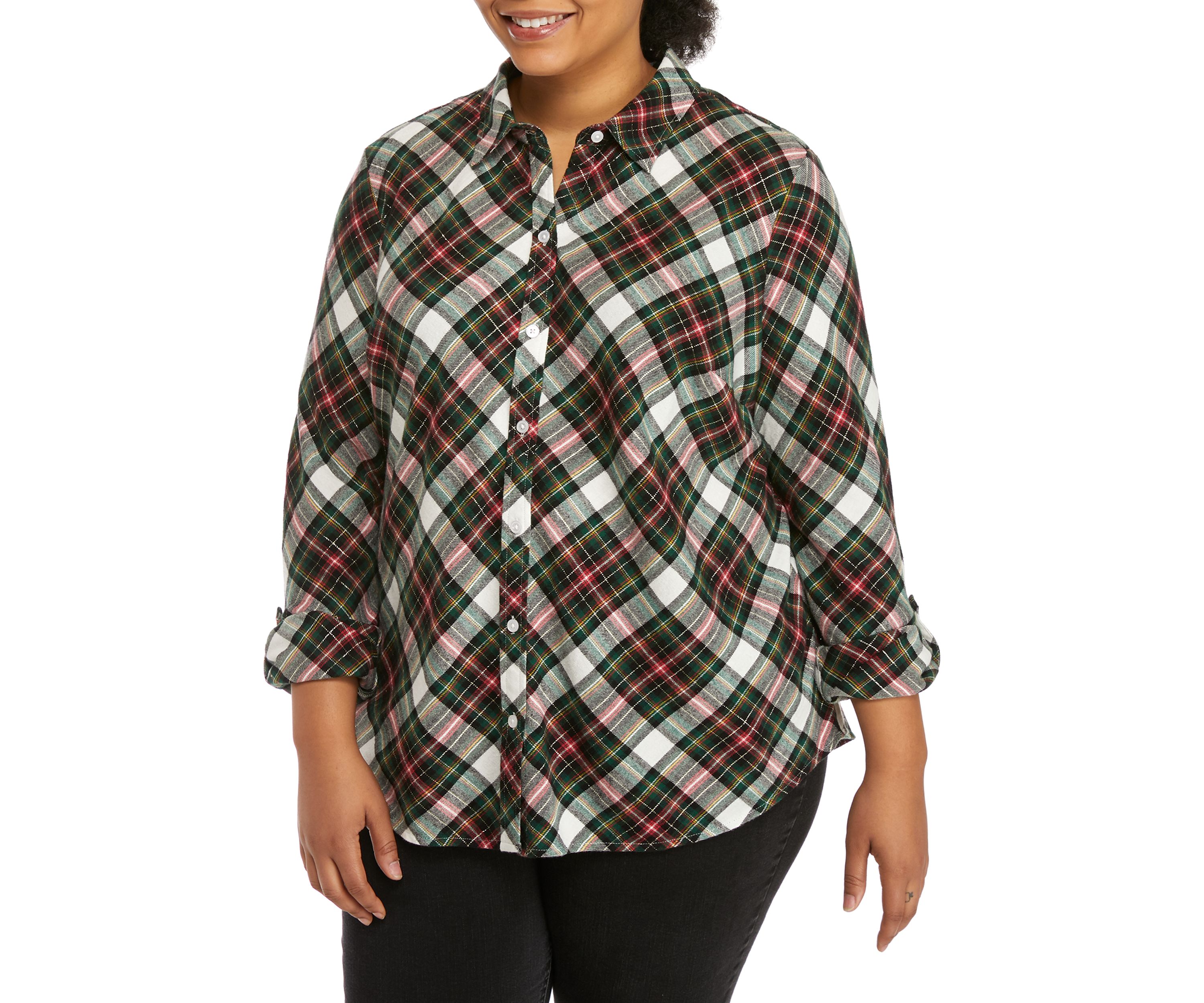 Plus Size Roll Tab Flannel Shirt 