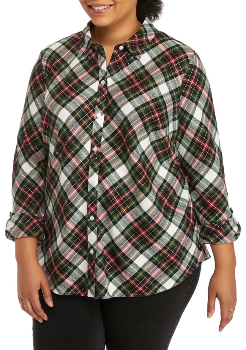 Plus Size Roll Tab Flannel Shirt 