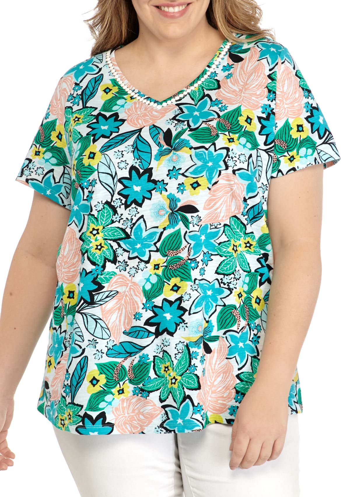 Plus Size Crochet Printed Tunic T-Shirt 