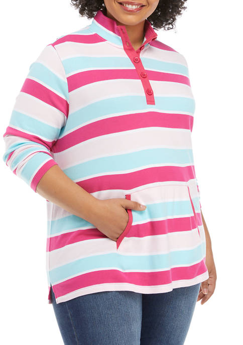 Kim Rogers® Plus Size Button Placket Striped Pullover