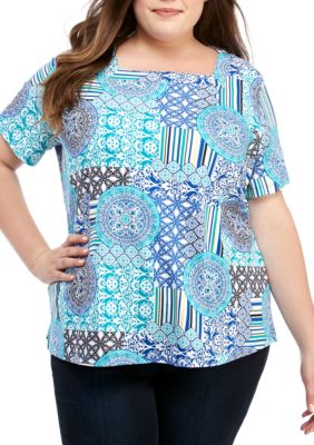 Kim Rogers® Plus Size Short Sleeve Square Neck Tile Print Top | belk