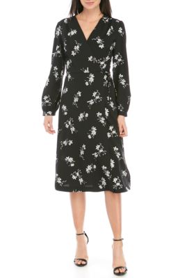 kensie long sleeve floral print wrap dres