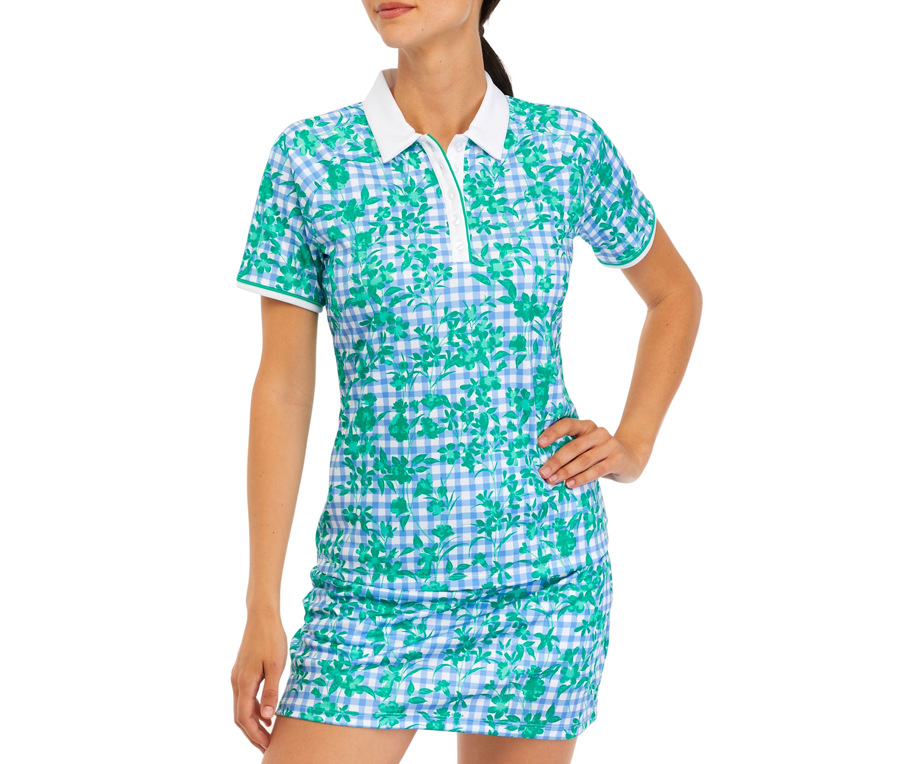 Womens Short Sleeve Gingham Floral Polo Shirt 