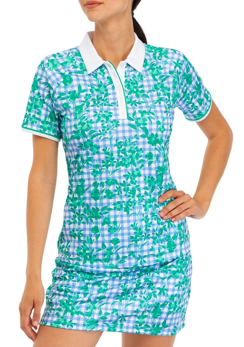 Womens Short Sleeve Gingham Floral Polo Shirt 
