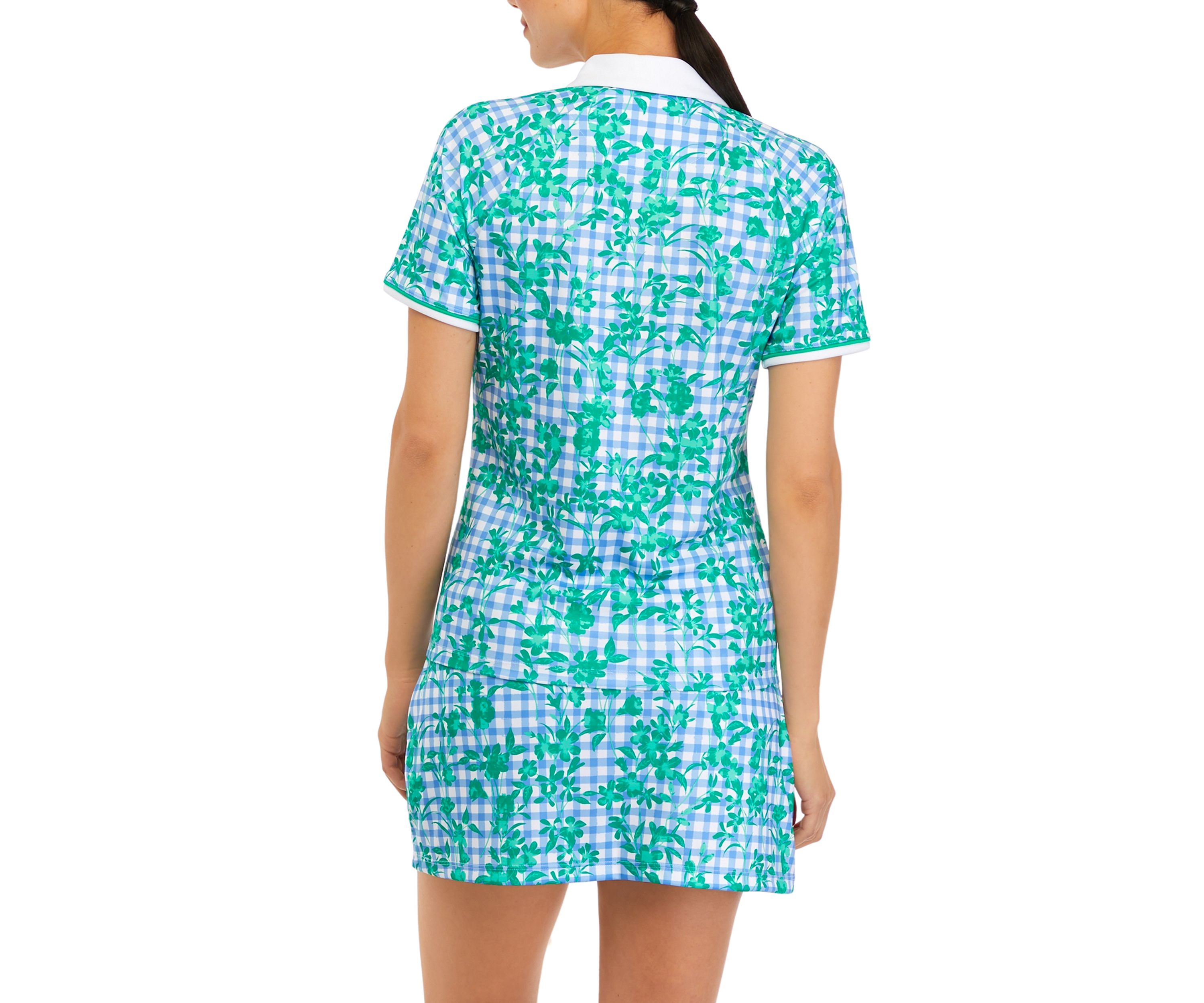 Womens Short Sleeve Gingham Floral Polo Shirt 