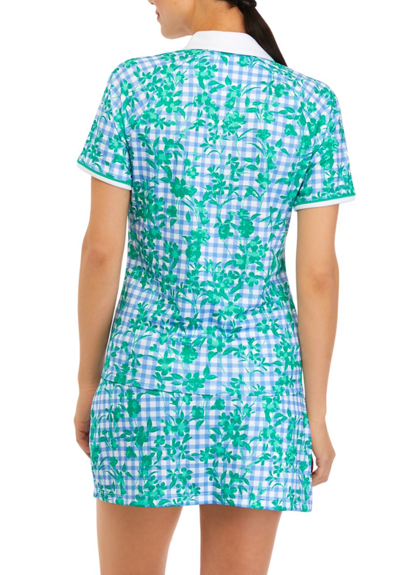 Womens Short Sleeve Gingham Floral Polo Shirt 