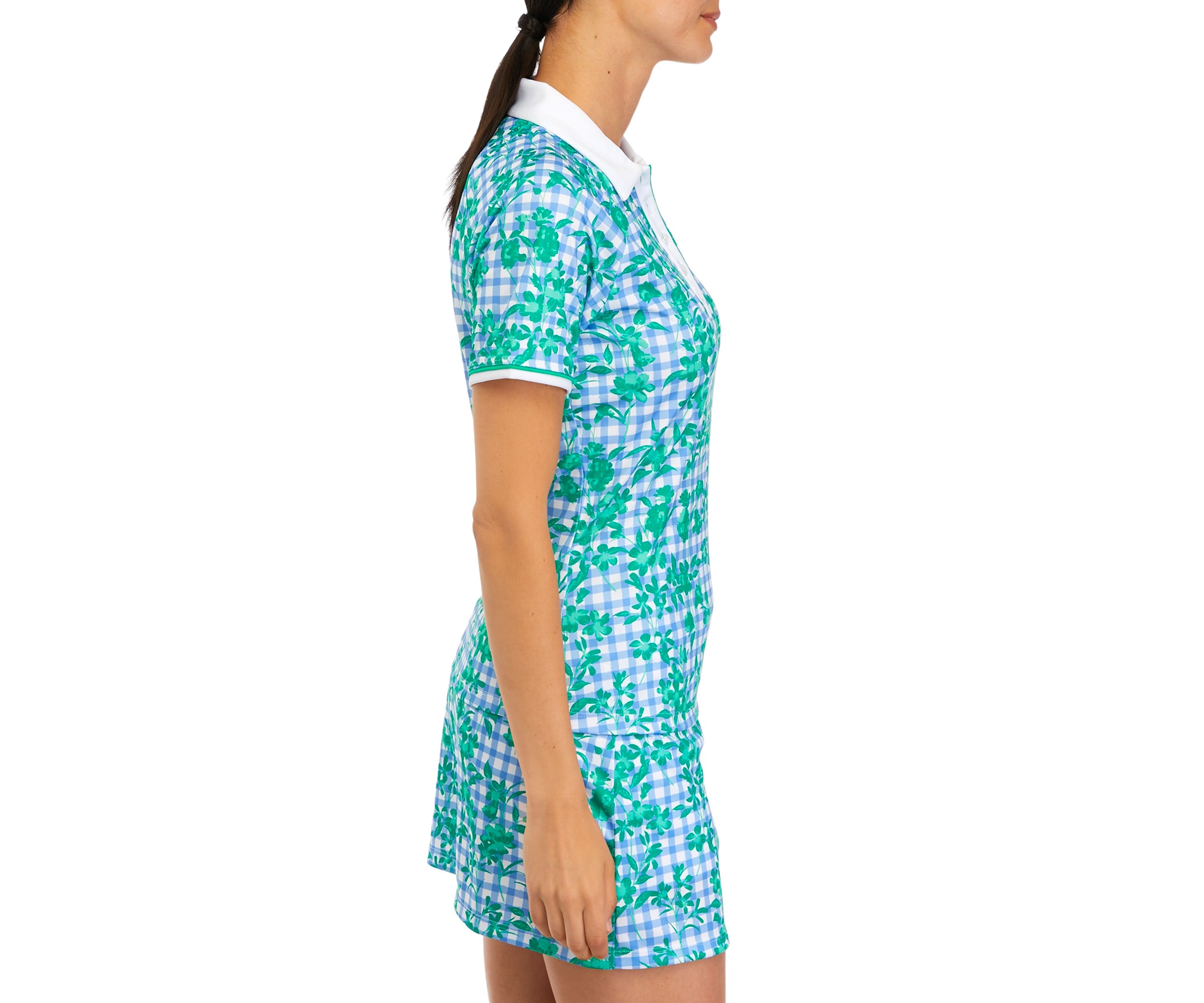 Womens Short Sleeve Gingham Floral Polo Shirt 