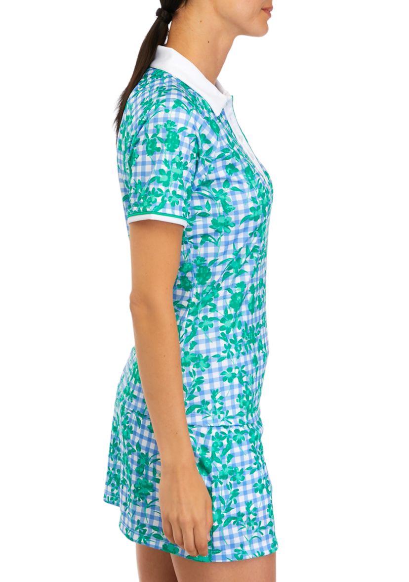 Womens Short Sleeve Gingham Floral Polo Shirt 
