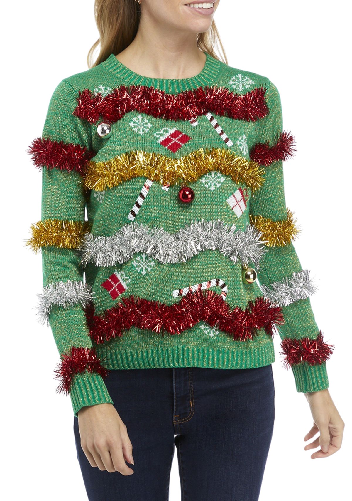Womens Metallic Tinsel Christmas Sweater 