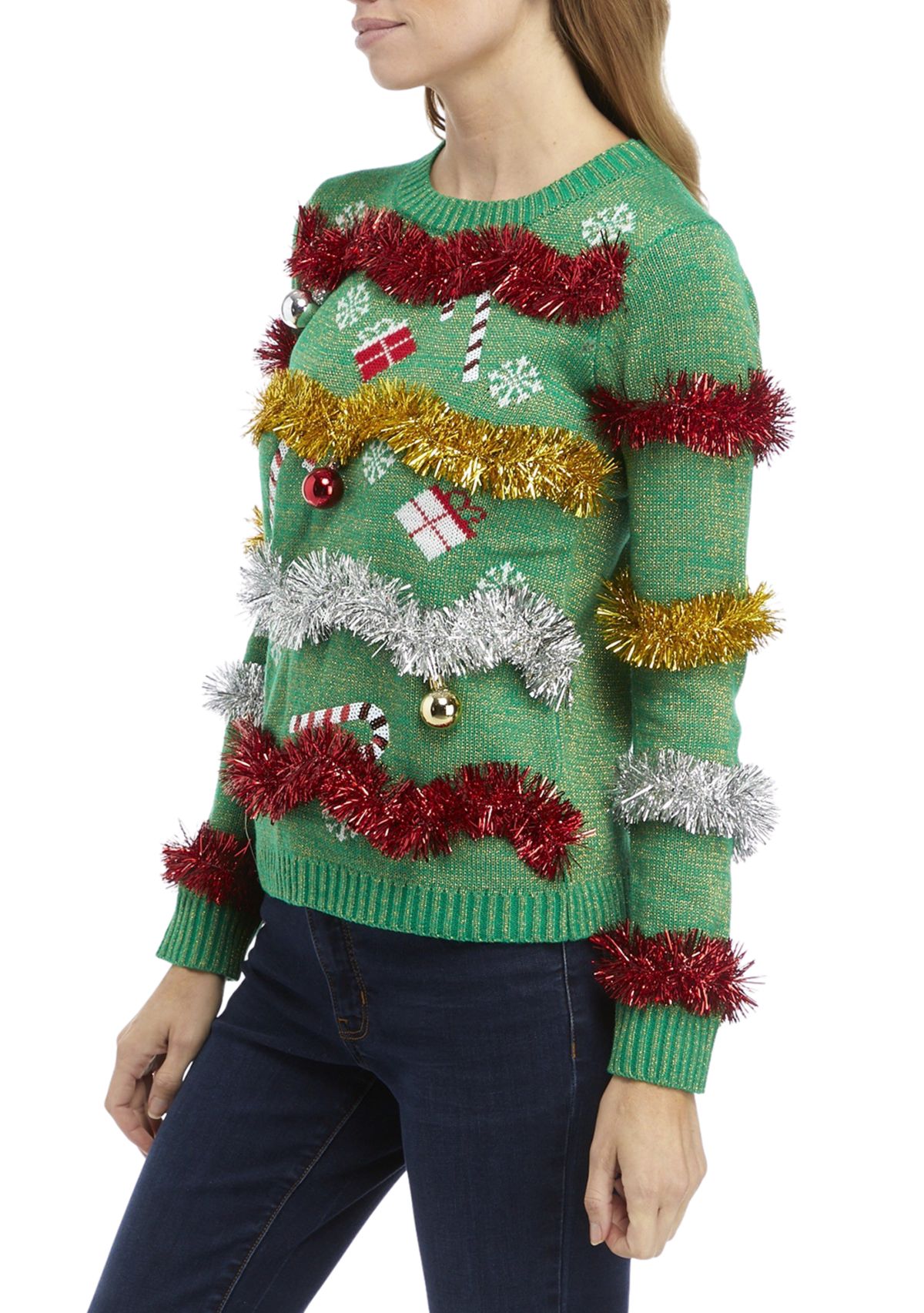 Womens Metallic Tinsel Christmas Sweater 