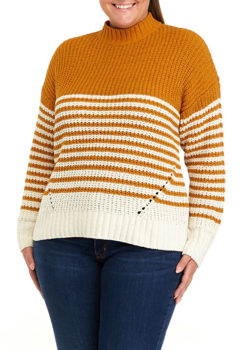 Plus Size Chenille Stripe Mock Neck Sweater