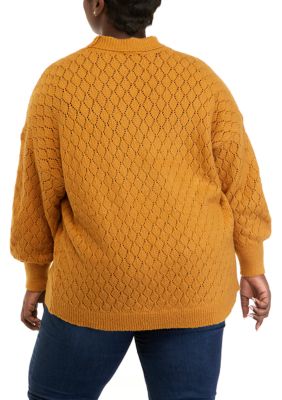 Plus Drop Shoulder Pointelle Mock Neck Tunic Sweater