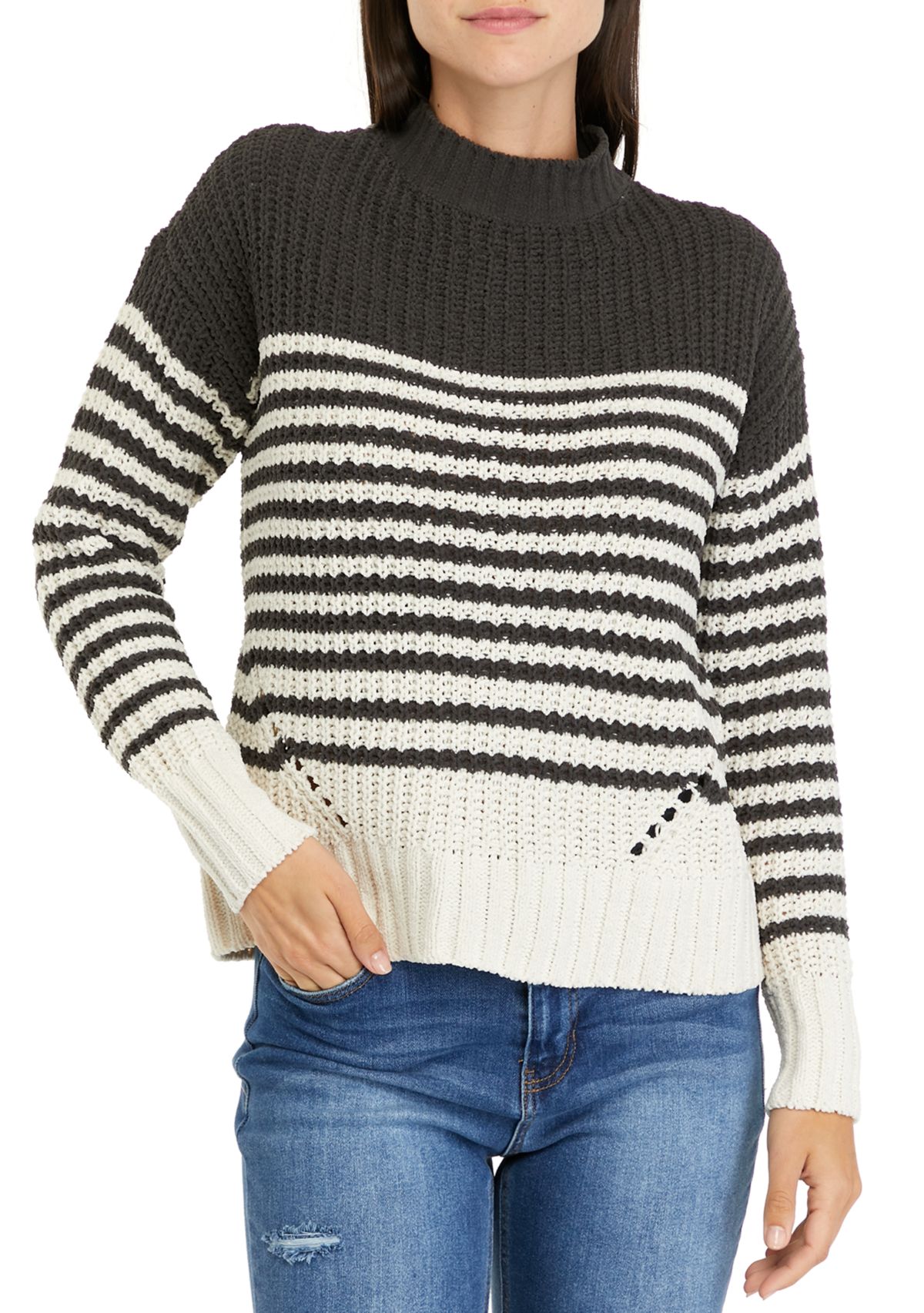 Womens Chenille Stripe Mock Neck Sweater 