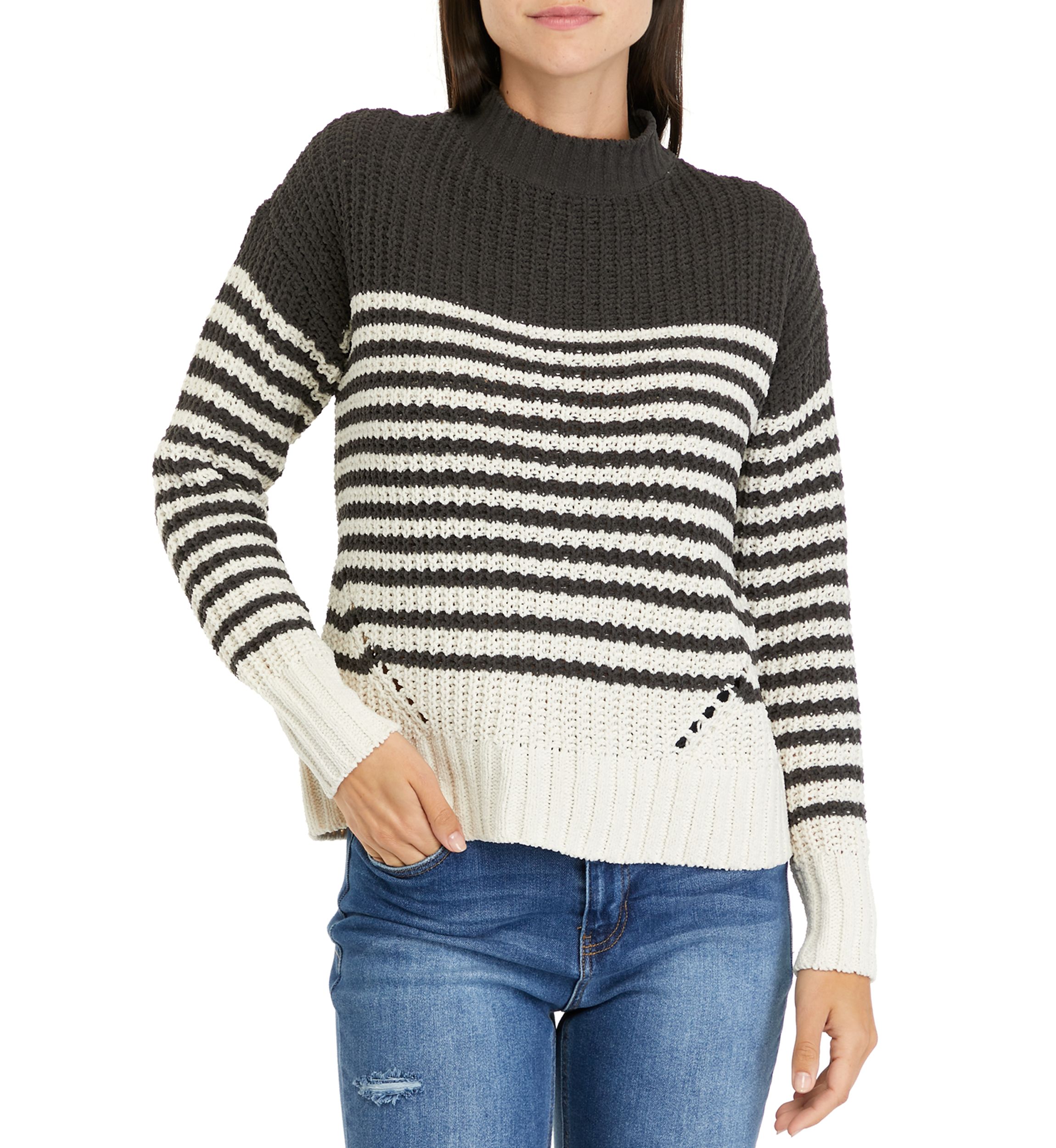 Womens Chenille Stripe Mock Neck Sweater 