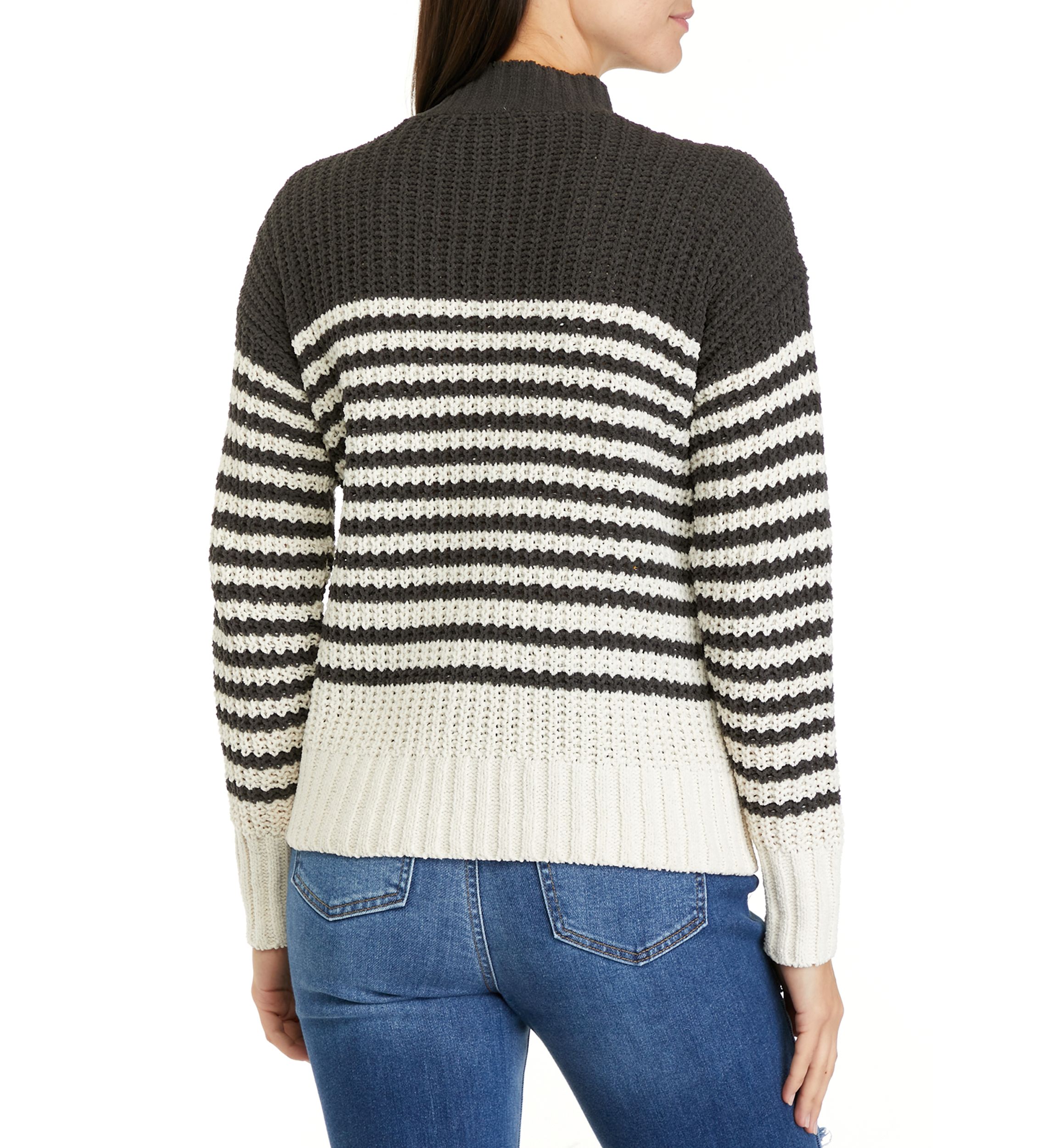 Womens Chenille Stripe Mock Neck Sweater 