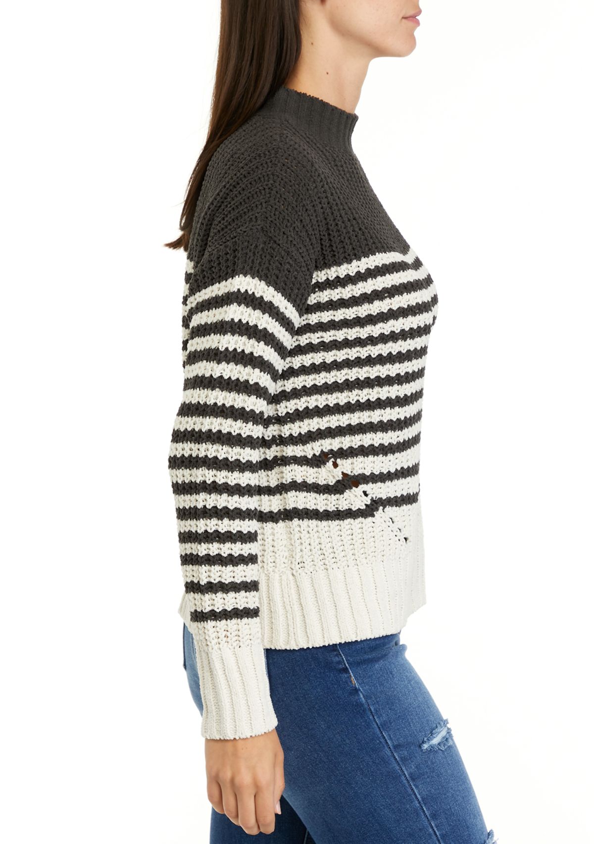 Womens Chenille Stripe Mock Neck Sweater 