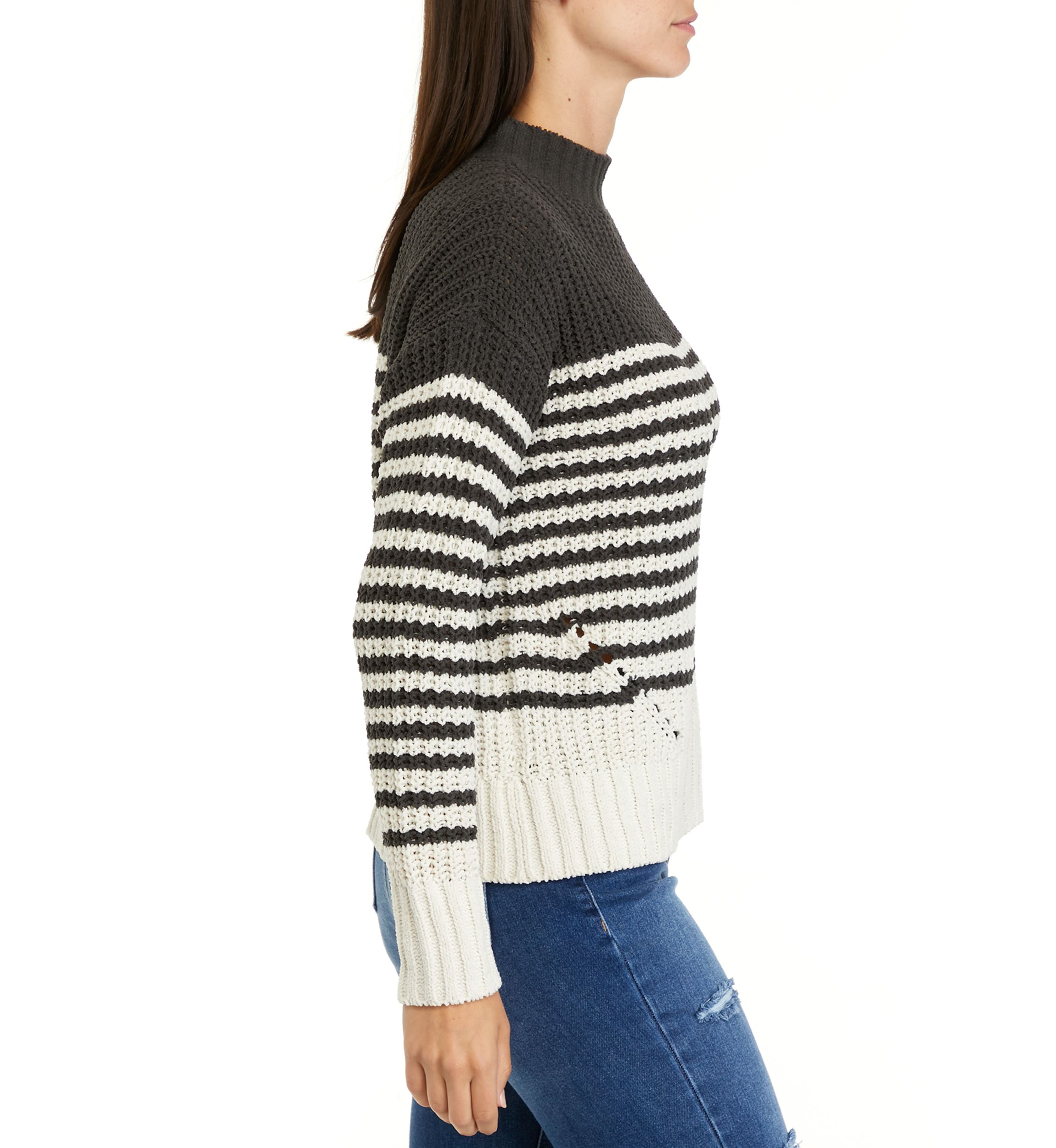 Womens Chenille Stripe Mock Neck Sweater 