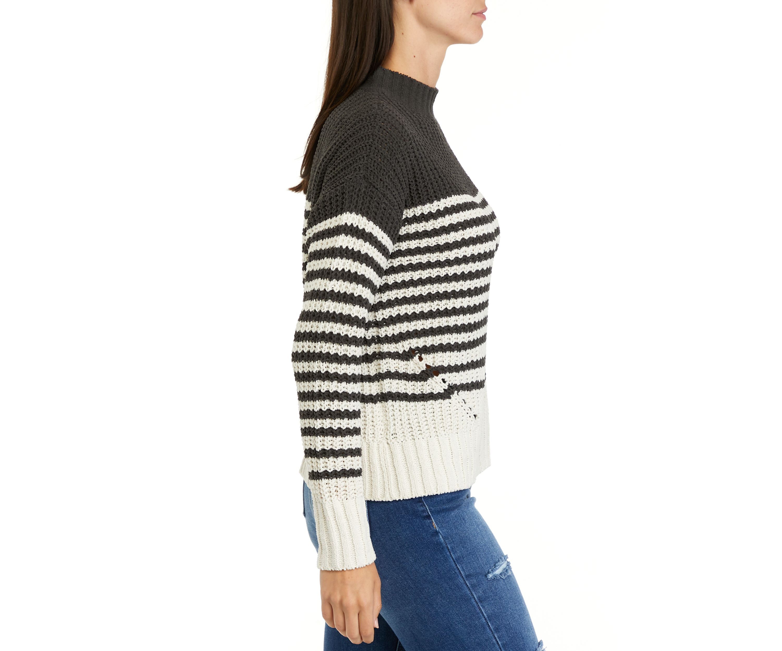 Womens Chenille Stripe Mock Neck Sweater 