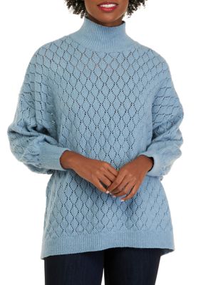 Women's Long Sleeve Pointelle Mock Neck Tunic Sweater