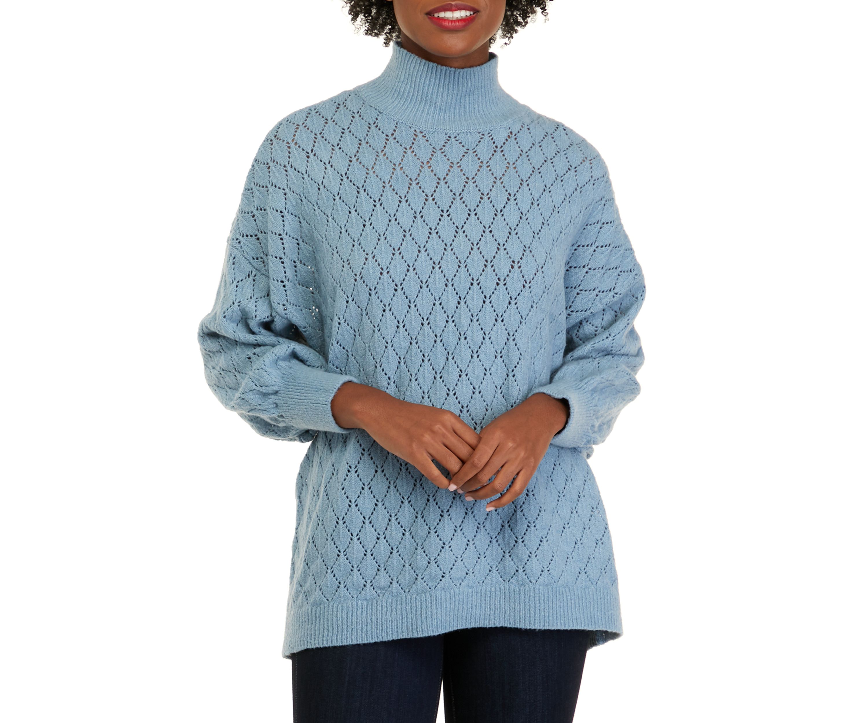 Womens Long Sleeve Pointelle Mock Neck Tunic Sweater