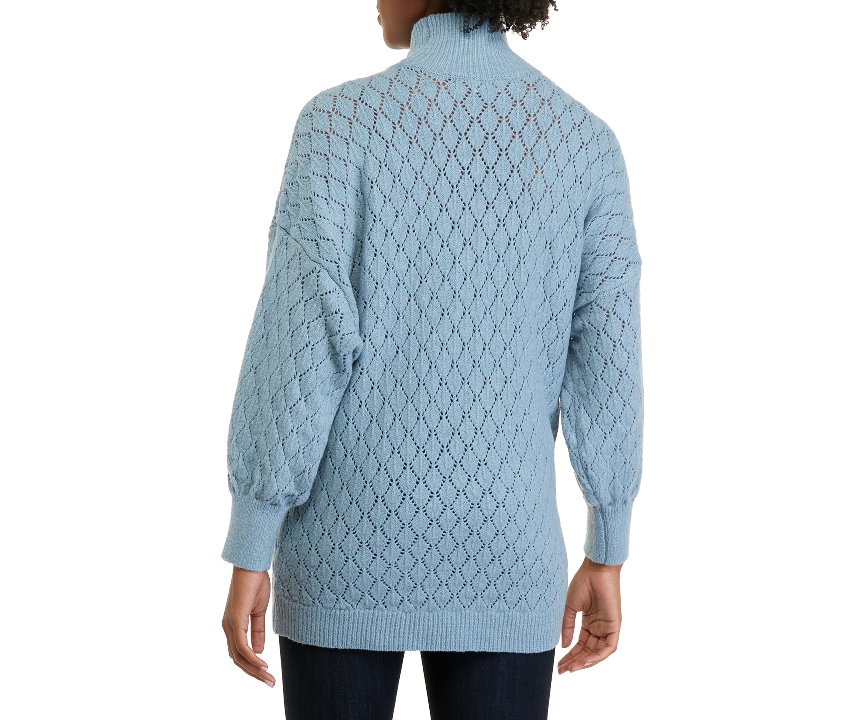 Womens Long Sleeve Pointelle Mock Neck Tunic Sweater