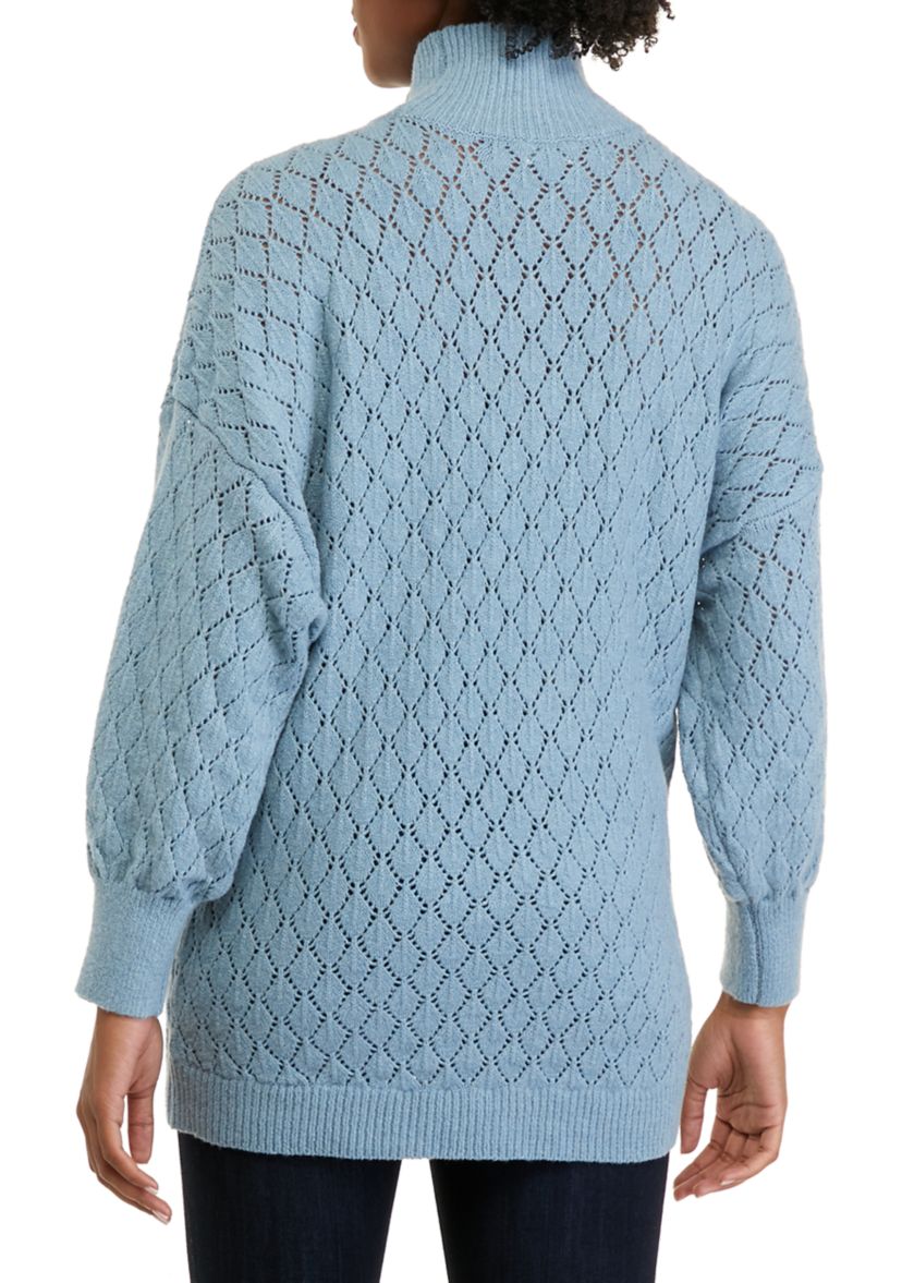Womens Long Sleeve Pointelle Mock Neck Tunic Sweater