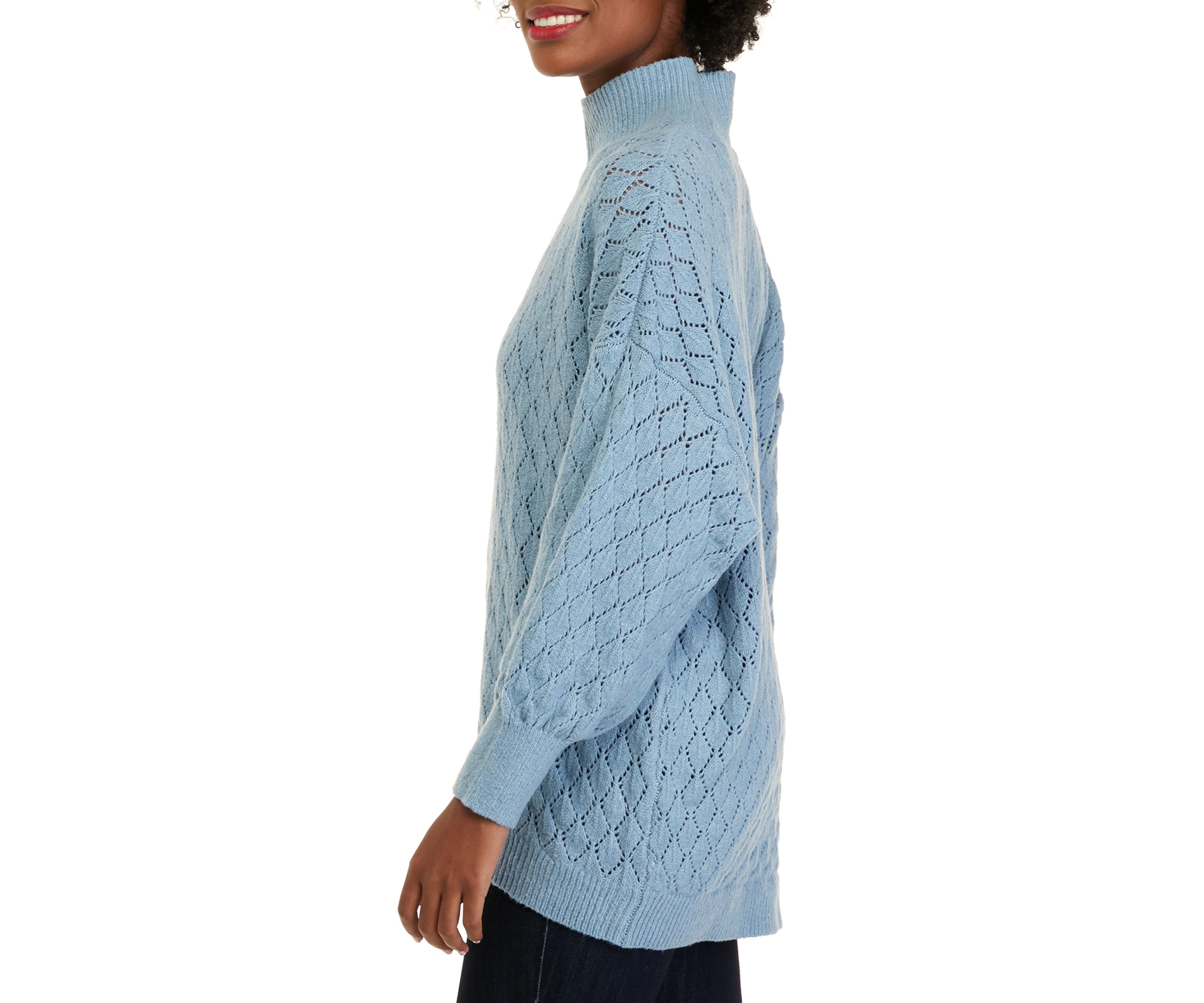 Womens Long Sleeve Pointelle Mock Neck Tunic Sweater