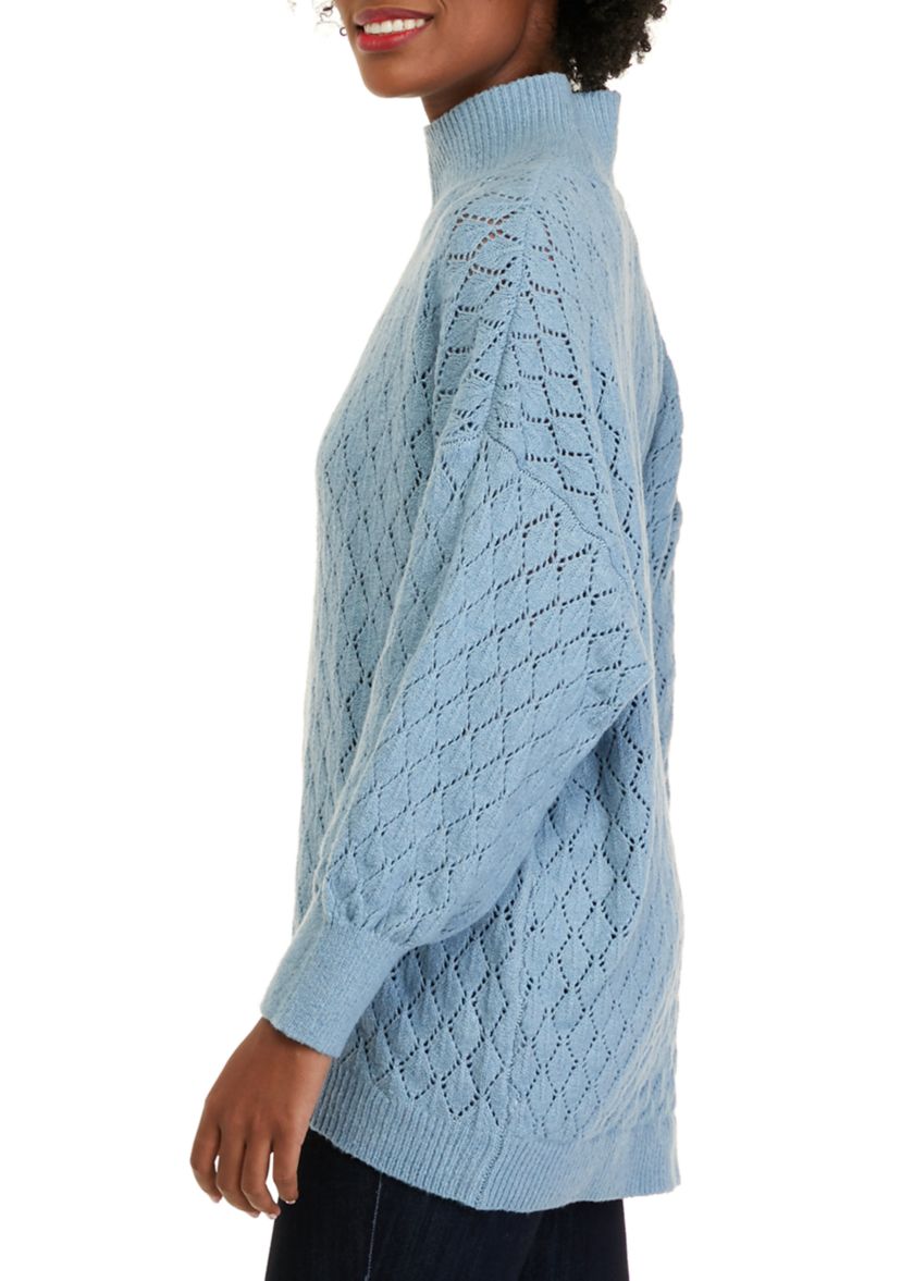 Womens Long Sleeve Pointelle Mock Neck Tunic Sweater