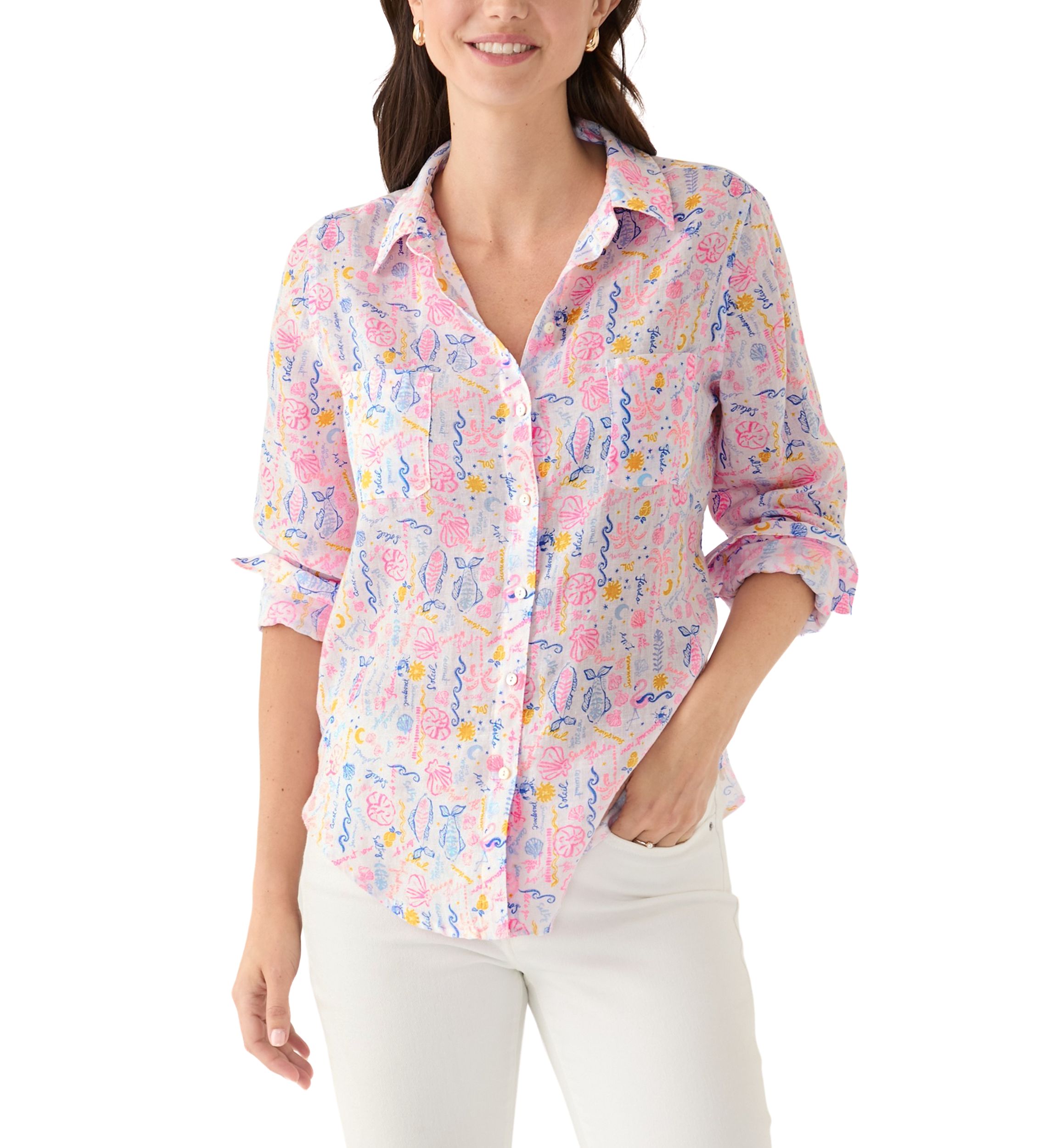 Womens Sea View Linen Button Down Top