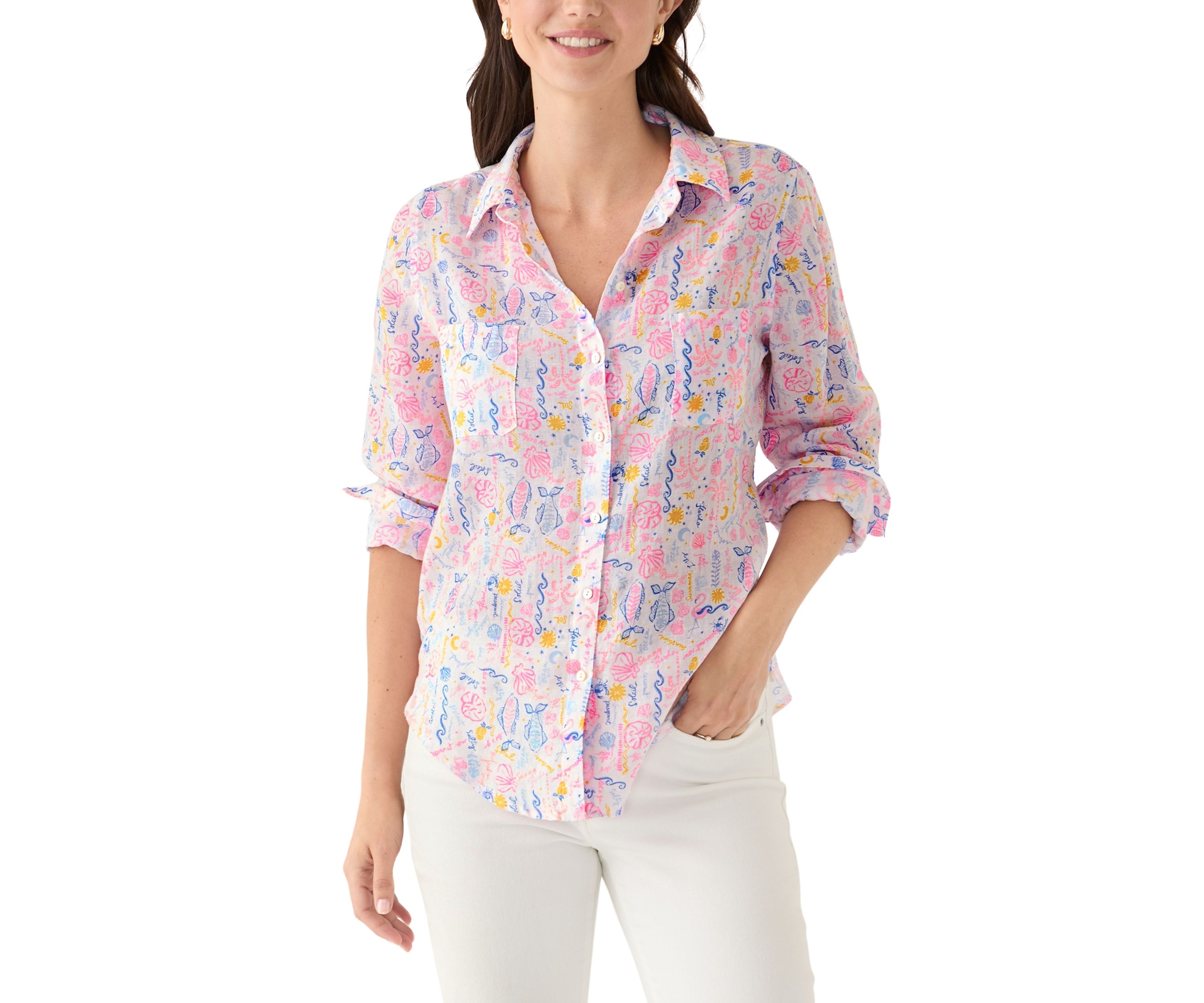 Womens Sea View Linen Button Down Top
