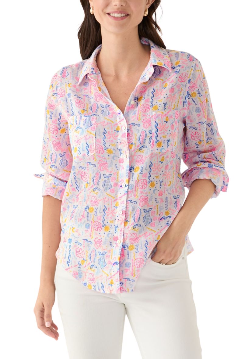 Womens Sea View Linen Button Down Top
