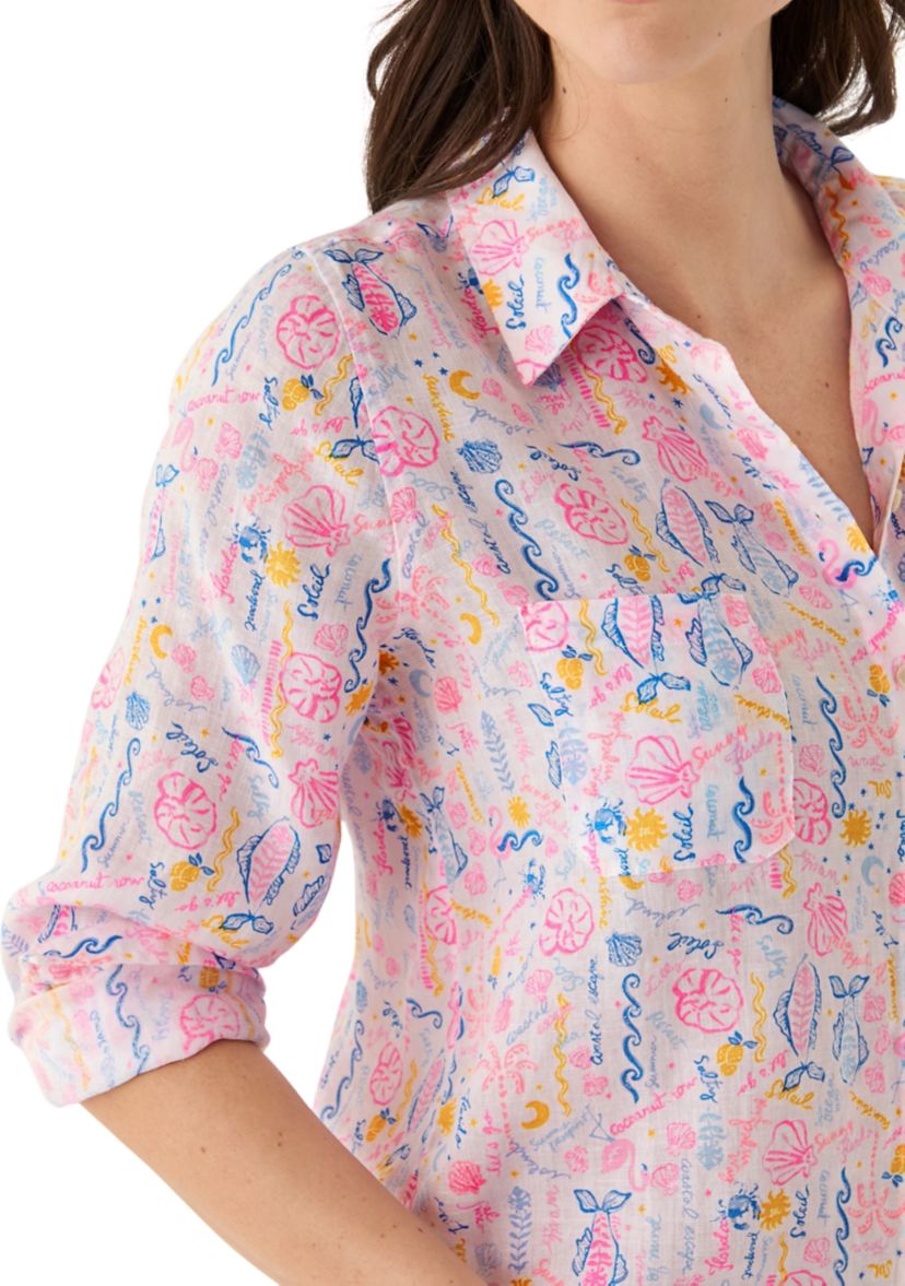Womens Sea View Linen Button Down Top
